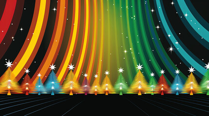 Groovy Christmas Background with Vibrant Rainbow Trees and Stars