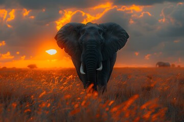 A majestic elephant walking through a grassy savannah with a beautiful sunset in the background. HD...