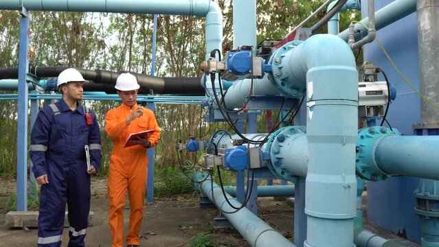 An environmental engineer inspects water quality at a water treatment plant,Manager and worker controls the amount of chlorine in the water,Senior technician working at the water storage plant to use