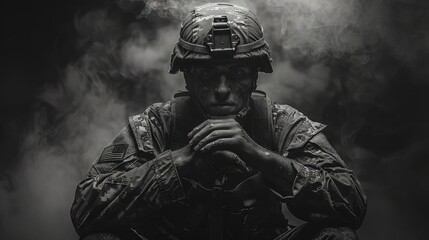 Anonymous Soldier in Contemplation, Military Personnel with Hidden Identity, Ideal for Themes of Defense, Security, or Armed Forces