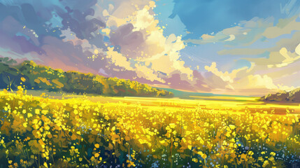 oil painting style illustration of a yellow rapeseed flower field with a beautiful sky, detailed background, dreamy, ethereal