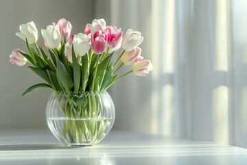 Elegant bouquet of pink and white tulips in a glass vase placed on a sunlit table by a window. Perfect for interior decor inspiration.