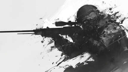 Sniper in Action, Black and White, Dynamic Composition, Perfect for Tactical Themes