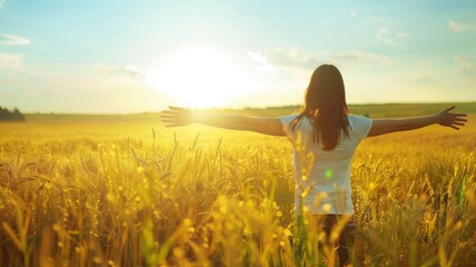 Fototapeta premium Woman enjoying sunset in wheat field with arms wide open