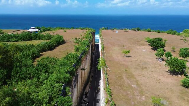 Aerial view of Tanah Barak cliffs, A must-visit viral hidden gem tourist destinantion in South Kuta, Bali, Indonesia