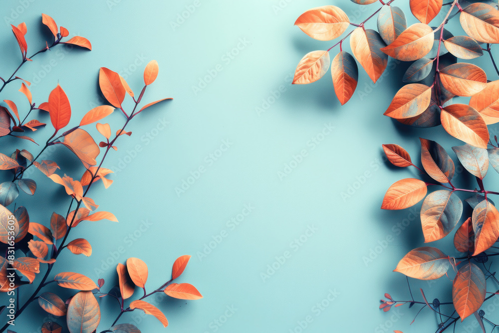 Poster a blue background with leaves on it. the leaves are arranged in a way that they look like they are i