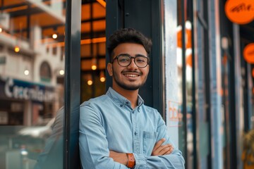An handsome casually dressed ethnic aspiring entrepreneur in front of a modern business