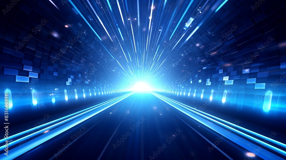 Poster futuristic blue light speed digital background with bright glowing lines and dynamic rays, perfect f
