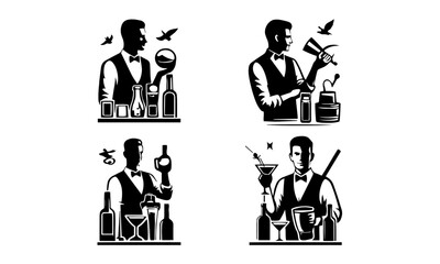 bar tendor black and white illustrative logos isolated on white background, bar tendor silhouette logo icons