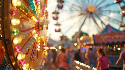 Obraz premium Colorful amusement park with Ferris wheel and lit carnival rides at sunset, people walking