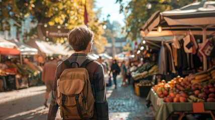 Obraz premium Caucasian male with backpack in vibrant outdoor market
