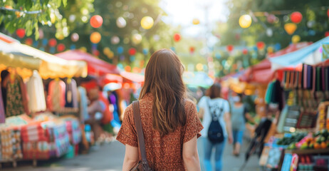 Obraz premium Woman in vibrant outdoor market with colorful stalls and lanterns