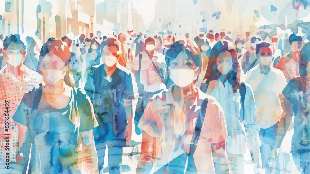 Aufkleber abstract illustration of people wearing face masks in a crowded urban environment. public health and