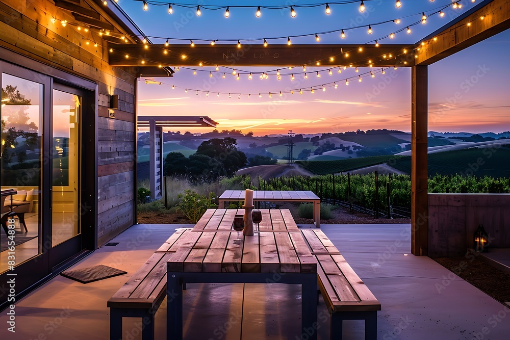 Wall mural modern farmhouse patio with a wooden dining table and benches, string lights overhead, and a view of - Wall murals