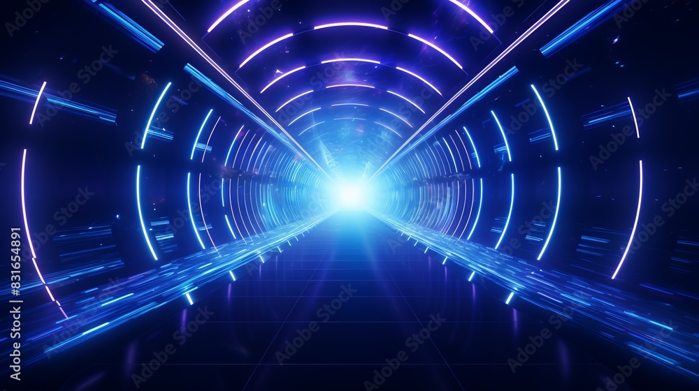 Poster futuristic neon light tunnel with glowing blue and purple lines creating a sense of motion and depth