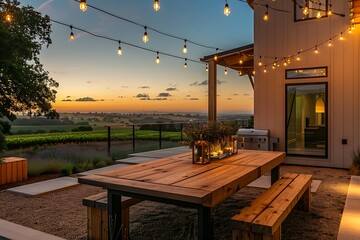 Modern farmhouse patio with a wooden dining table and benches, string lights overhead, and a view of a rolling countryside at sunset. - Powered by Adobe