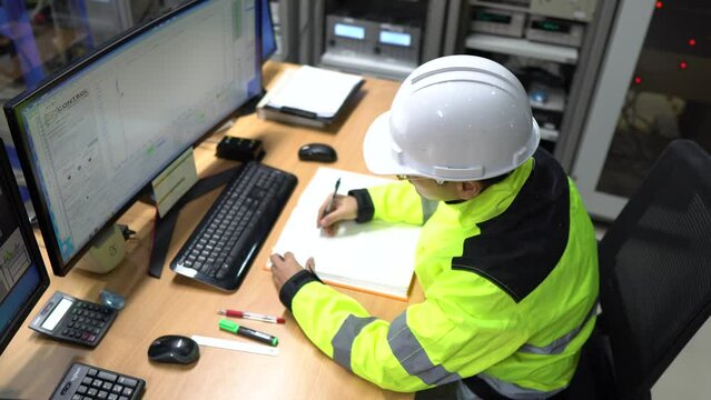 Computer engineers work at large industrial plants, The supervisor writes programs to control machinery in the factory.
