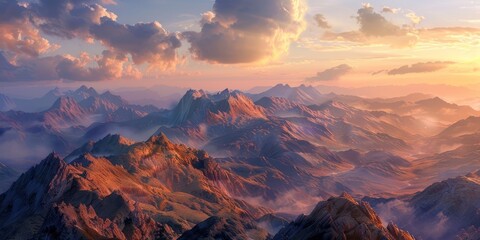 Snow Rocky mountains outdoor landscape. Cloudy blue sky background.