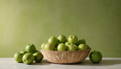 Still life a study with green fruits shaded in light olive tones on the wall
