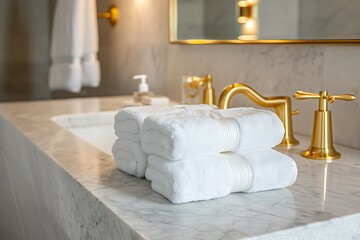 Modern guest bathroom marble tiles, gold fixtures, fluffy towels.