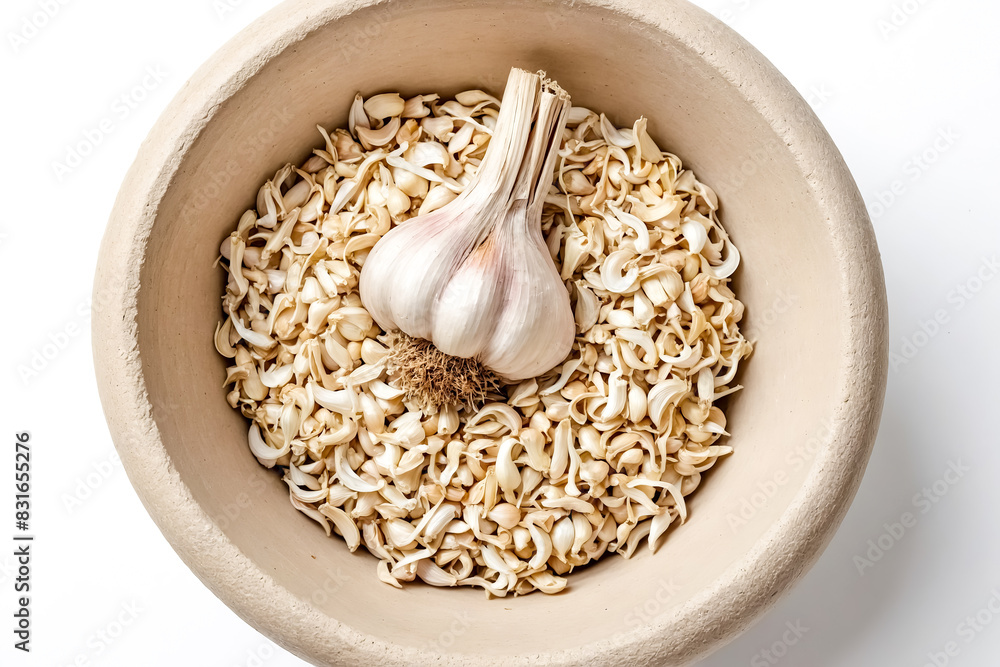 Sticker Closeup of garlic cloves in a ceramic bowl