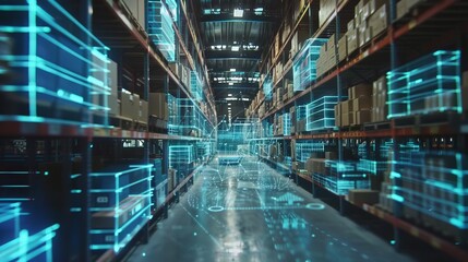 Smart warehouse management system using augmented reality technology to identify package picking and delivery . Future concept of supply chain and logistic business 