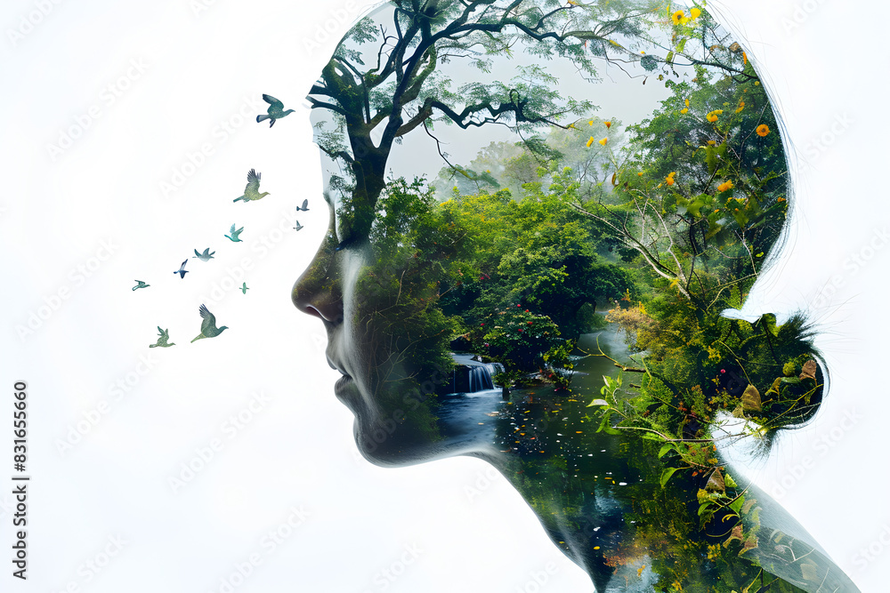 Wall mural double exposure image of a human face merging with environment