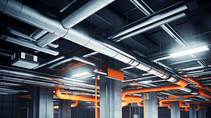 Industrial ceiling with exposed pipes and ductwork, bright orange accents in a modern interior, showcasing plumbing and HVAC systems.