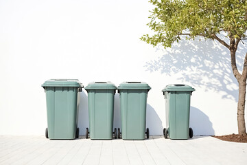 Green Recycling Bins Lined Up Against a White Wall