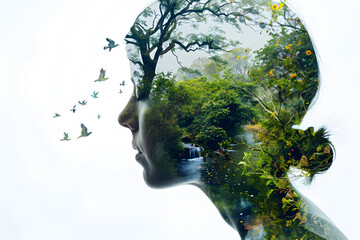 double exposure image of a human face merging with environment