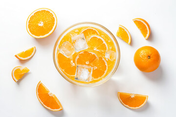 Orange Slices and Ice Cubes in a Glass Bowl on White Background