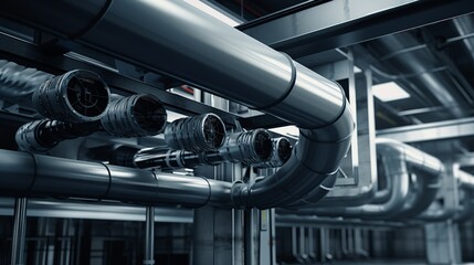 Industrial metal pipes and ductwork in a modern factory. High quality stainless steel infrastructure and technology for industrial applications.