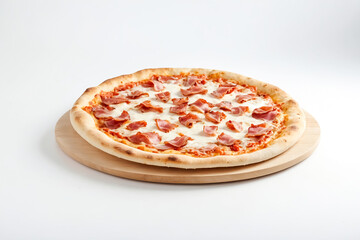 Delicious Pizza with Bacon and Cheese on a Wooden Board