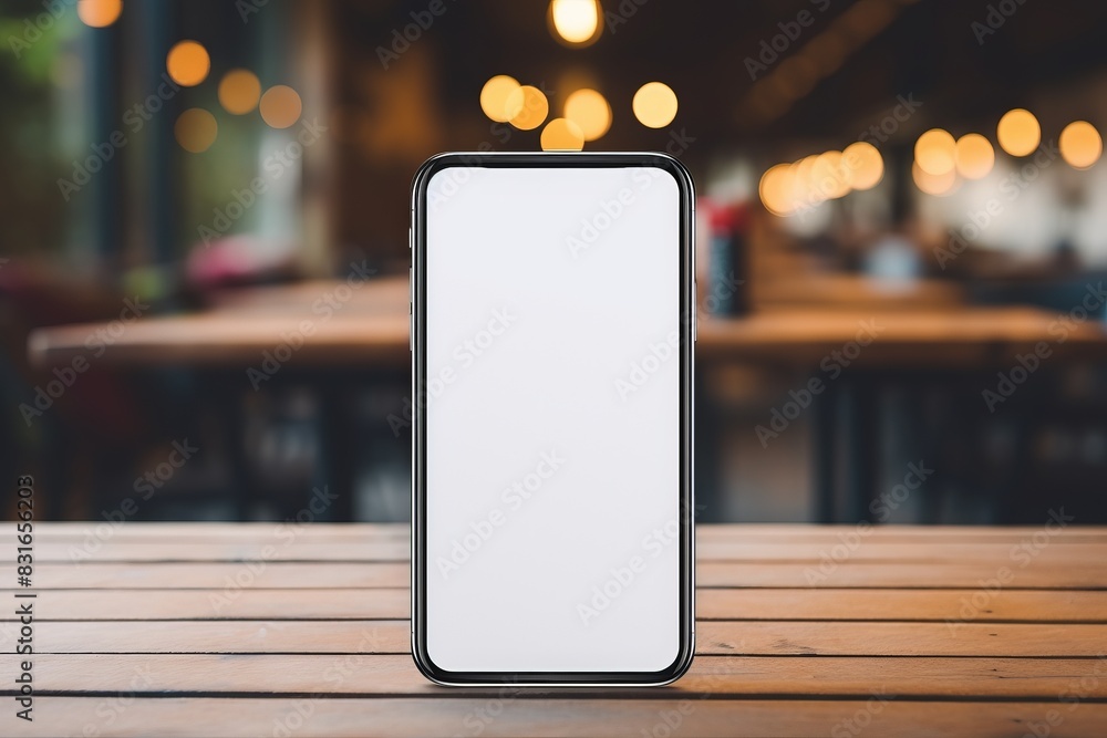 Poster mockup of a modern smartphone with a blank screen placed on a wooden table with a blurred background