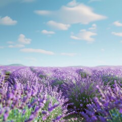 A serene and super realistic image of a lavender field in full bloom with a clear blue sky, perfect lighting,