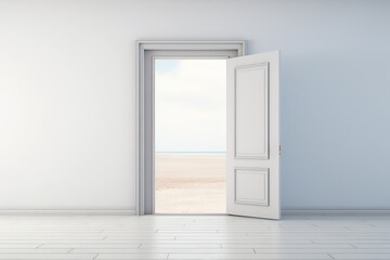 Open door in a minimalistic white room with a serene outdoor view, symbolizing opportunity, freedom, and a new beginning.