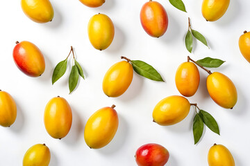 Obraz premium Ripe mangoes with green leaves on white background