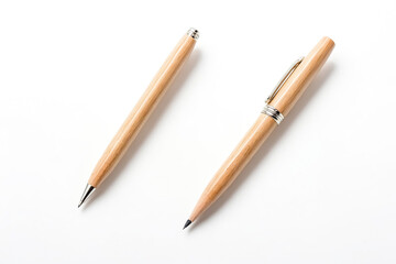 Wooden Pencils and Pen on White Background