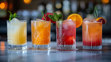 Fototapeta premium colorful cocktails on a bar counter.