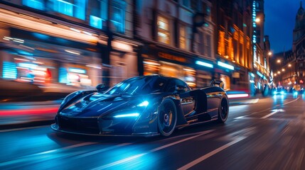 Fototapeta premium Sleek Futuristic Supercar Speeding Through Urban Night Streets