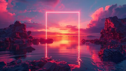 Illuminated Portal: Mystical Landscape with Neon Glowing Rocks and Water Reflections at Sunset for Abstract Futuristic Wallpaper.