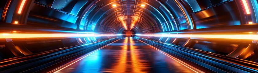 Journey into Tomorrow: Futuristic Tunnel with Dynamic Blue and Orange Lights for Technology and Transportation Concepts