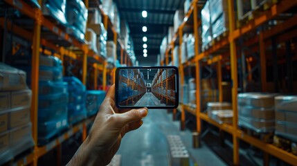 Naklejka premium Smart warehouse management system using augmented reality technology to identify package picking and delivery . Future concept of supply chain and logistic business 