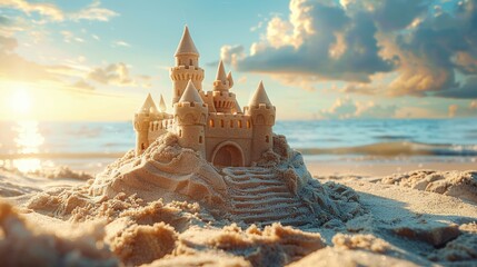 Children's sand castle on the ocean beach at sunset - Powered by Adobe