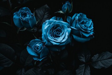 Stunning close-up of vibrant blue roses in deep contrast, capturing elegance and mystery with detailed petals and dark background.