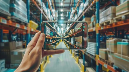 Naklejka premium Smart warehouse management system using augmented reality technology to identify package picking and delivery . Future concept of supply chain and logistic business