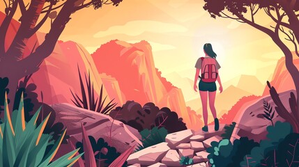 Hiking trail flat design side view exploration cartoon drawing Splitcomplementary color scheme