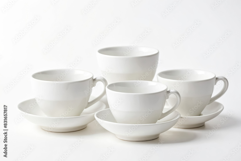 Poster White Coffee Cups and Saucers on a White Background