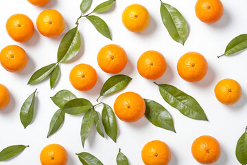 Fresh Oranges with Green Leaves on White Background