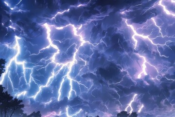 Detailed anime illustration of blue clouds and lightning strikes